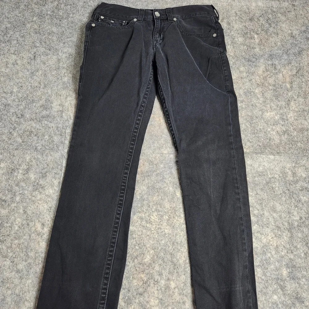 True Religion Straight Jeans Men 33x33 Black Denim Flap Embroidered Grunge Punk